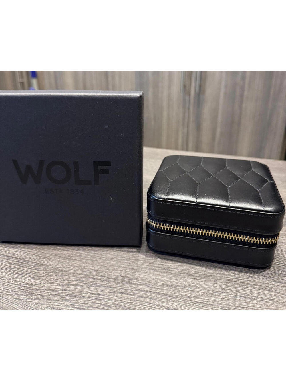 WOLF Caroline Zip Travel Jewelry Case Black Leather, 329971